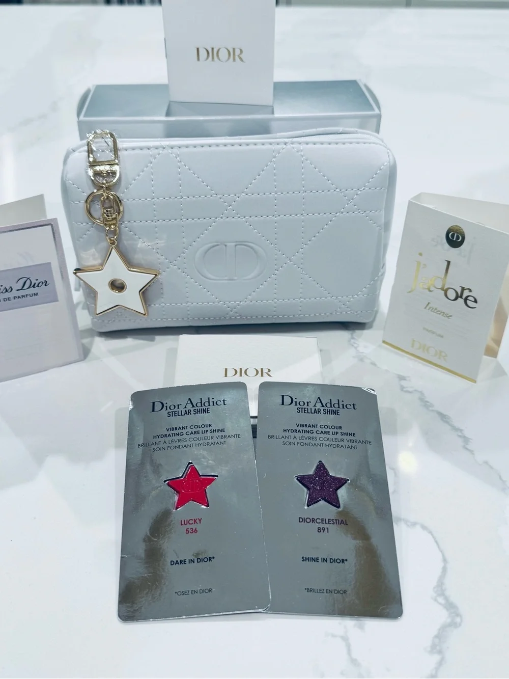 NIB Dior 5pc Luxury Gift Bundle Pouch Keychain Lip Shine J’adore Miss Dior.